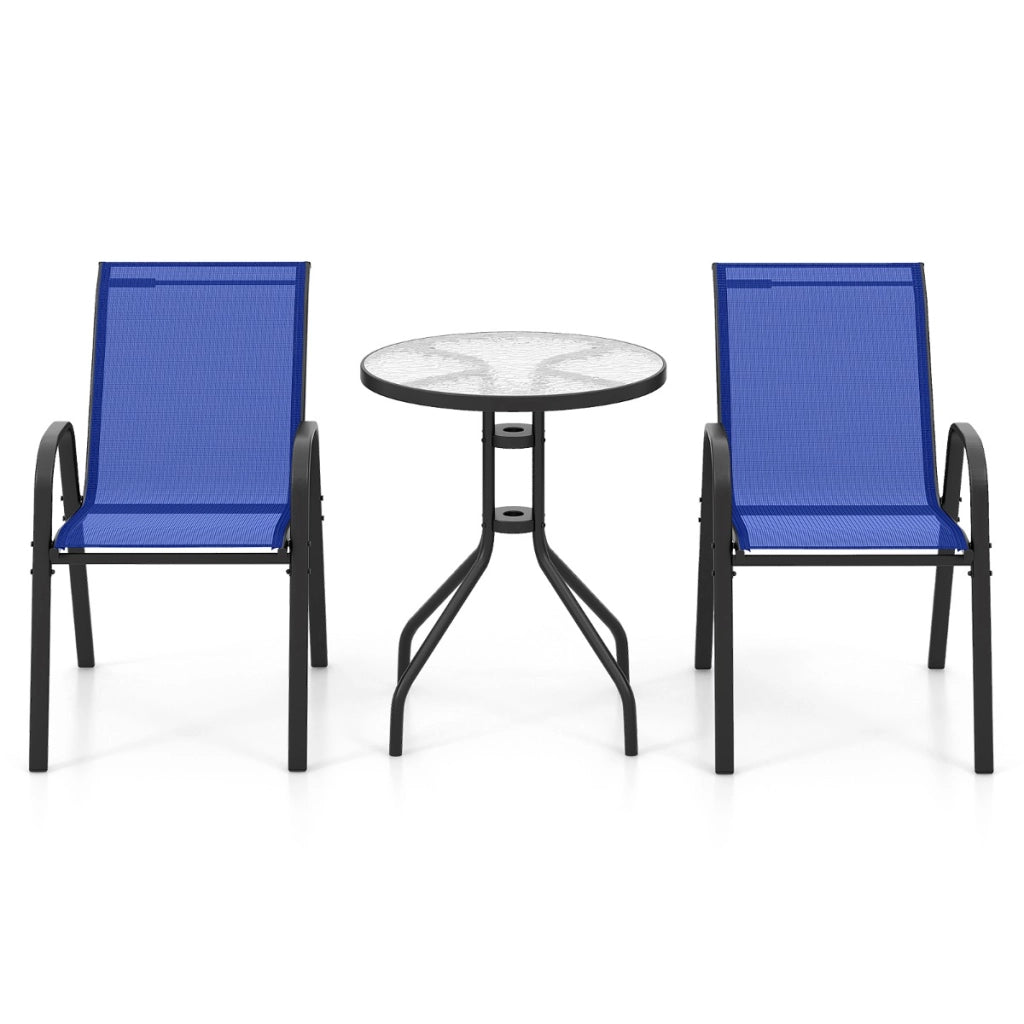 Set bistrot da esterno 3 pezzi, Tavolino rotondo con 2 sedie impilabili piano tavolo in vetro temperato Blu-Set mobili da esterno