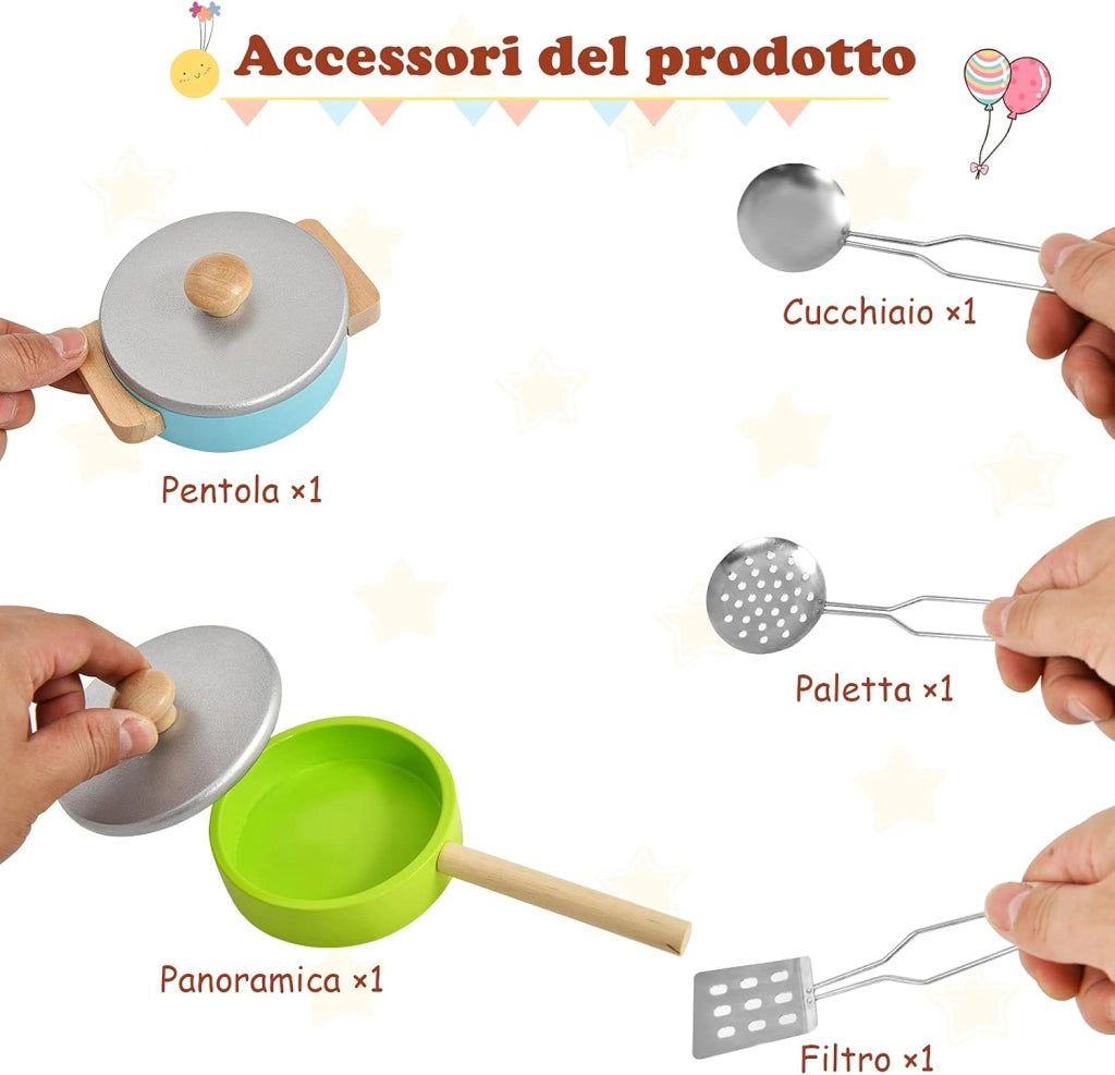 Cucina Giocattolo per Bambini, Cucina per Bambini in Legno con Forno, Microonde, Lavello e Rubinetto, con Accessori, Pentole e Utensili per Cucinare, per bambini 3+ Anni