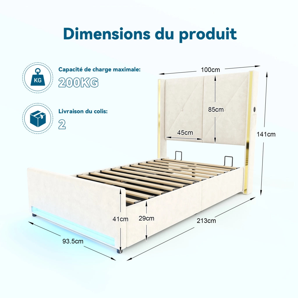Letto Contenitore Singolo 90x200 cm; USB; Type-C; LED e tasche laterali; Velluto Beige