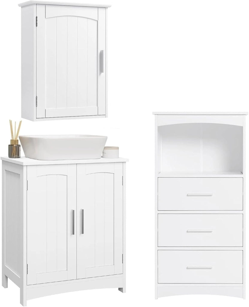 Mobile da Bagno Autoportante 3 Cassetti, Mobile da Bagno Sospeso, con 2 Ante e Ripiano Regolabile, MDF, Bianco