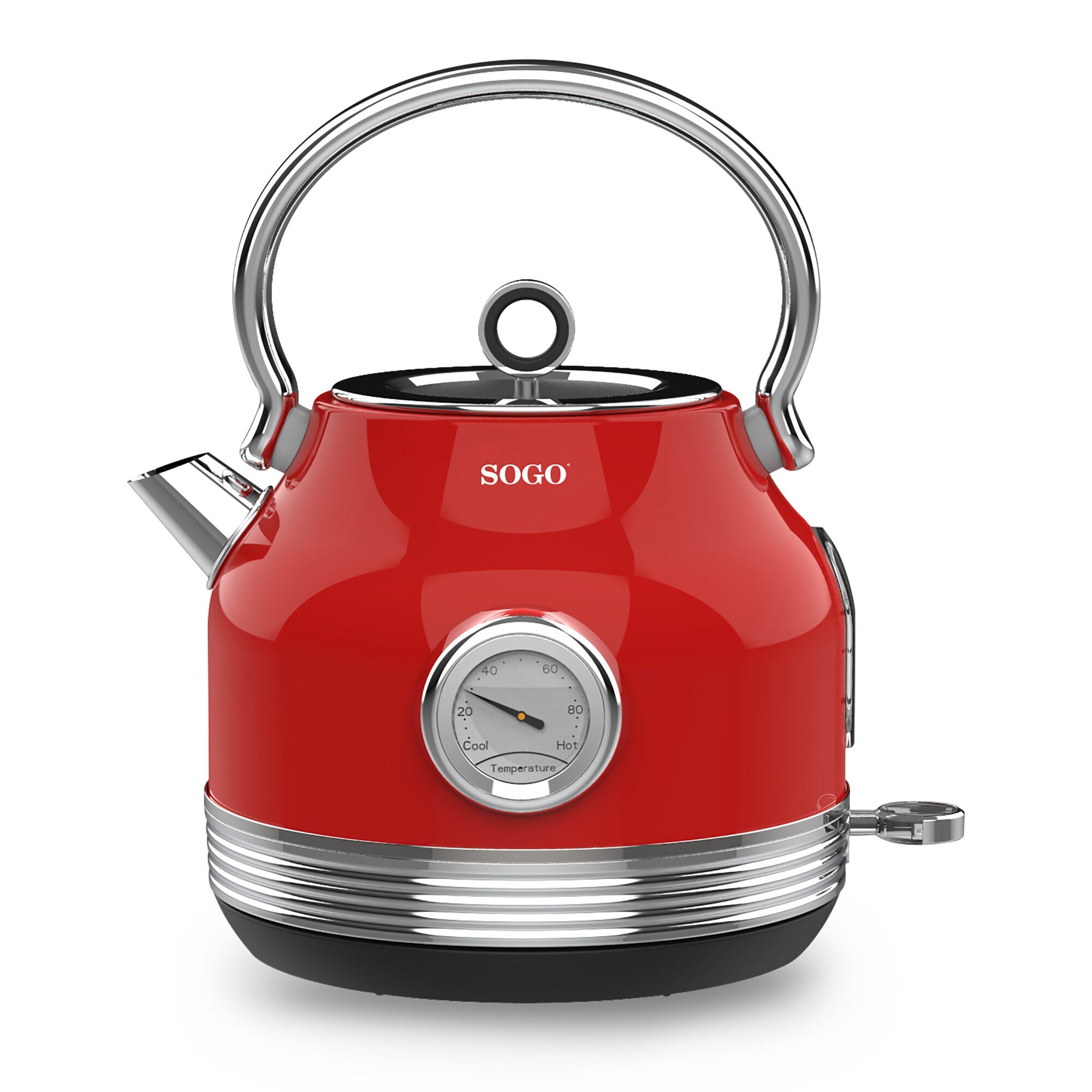 SOGO Bollitore Elettrico 1.7L – Design Retrò, Acciaio Inox, Rosso Metallizzato, Termometro Integrato, Filtro Removibile, Base 360°, 2200W