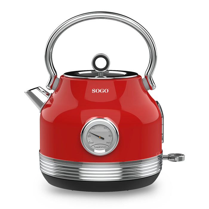 SOGO Bollitore Elettrico 1.7L – Design Retrò, Acciaio Inox, Rosso Metallizzato, Termometro Integrato, Filtro Removibile, Base 360°, 2200W