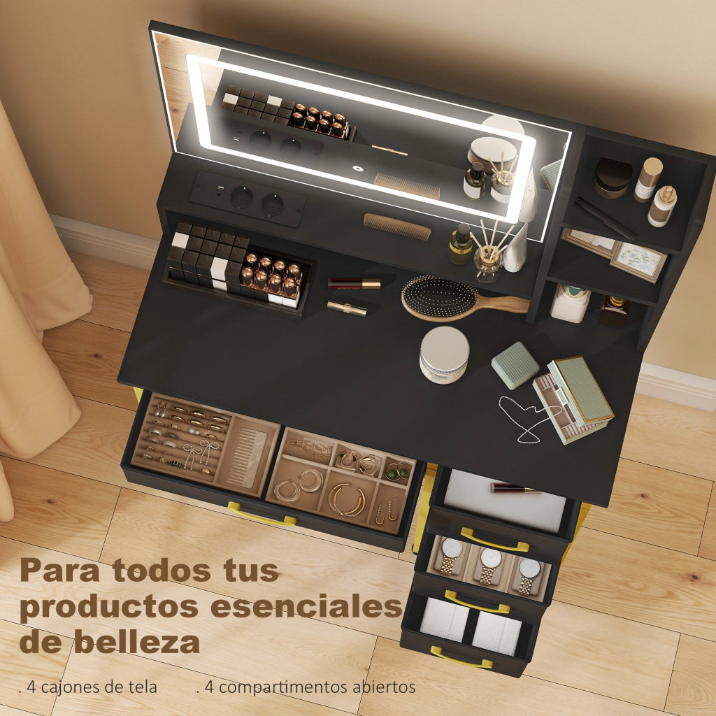 Toletta con Specchio LED e Sgabello ¨C Xylo ¨C 4 Cassetti Nero con Stazione di Ricarica