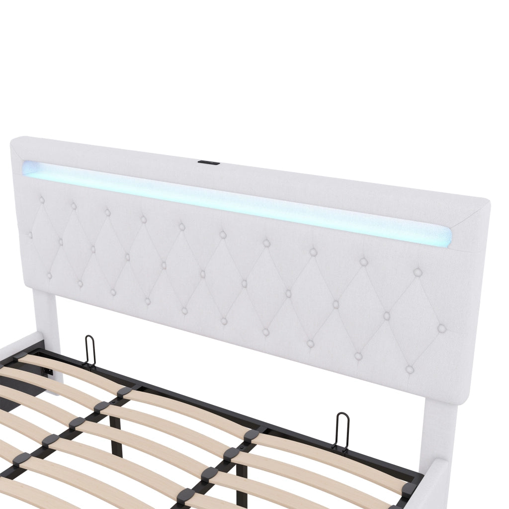 Letti contenitori 180x200 cm con sollevamento idraulico; LED USB; lino e MDF; bianco