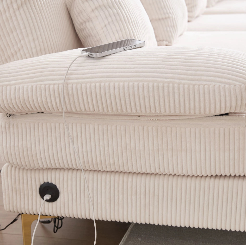 Divano a U in velluto beige con LED; porta USB e struttura in legno massiccio 265 cm