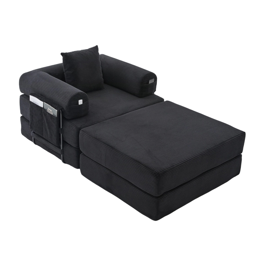 Divano modulare con pouf e tasca laterale; 112x190x67 cm; velluto a coste nero