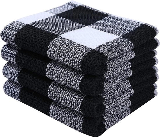 Set di 6 asciugamani, 100% cotone, 30 x 30 cm, asciugamani morbidi, assorbenti, asciugamani da cucina, senza pelucchi, disegno a quadretti, asciugamani da uso quotidiano, asciugamani per pulire, nero e bianco