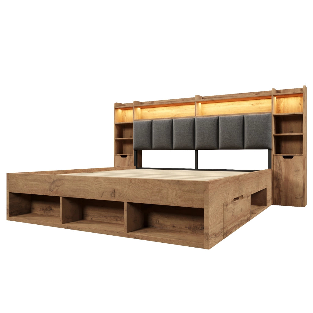 Letto matrimoniale 180x200 cm con LED; USB; cassetti e comodini effetto rovere