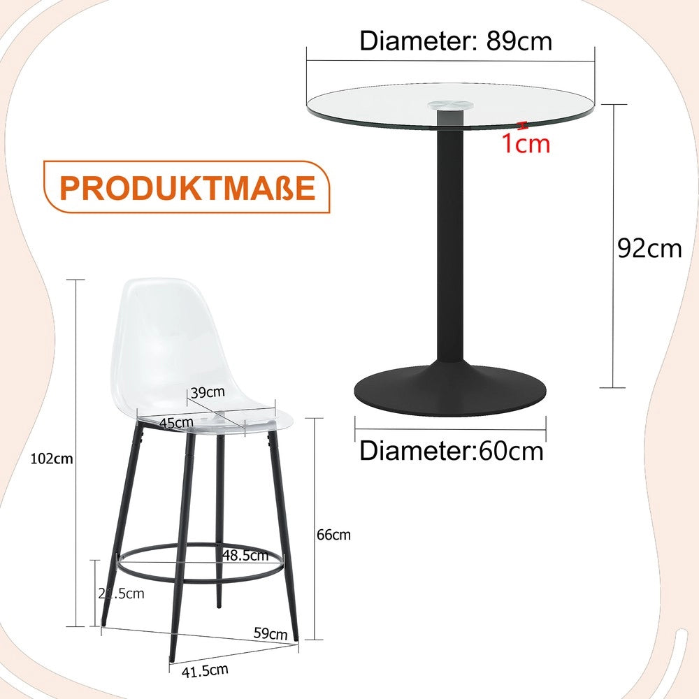 Set Bar Tavolo in Vetro 89 cm e 2 Sgabelli ¨C Xylo ¨C Struttura in Metallo Nero