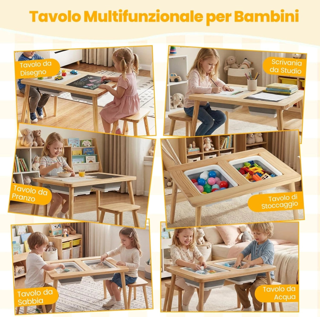 Set Tavolo con 2 Sedie per Bambini 3+ Anni, Tavolo e Sedie con Piano Doppio Lato Rimuovibile e 2 Contenitori, Gambe Robuste in Legno, Tavolo Attività per Gioco e Disegno (con Sedie Quadrate)