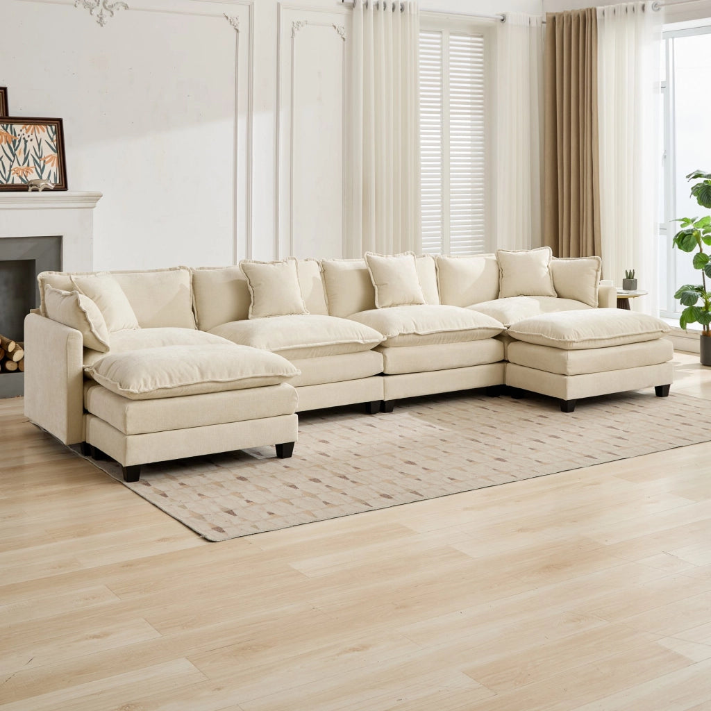 Divano modulare 4 posti con cuscini ergonomici e struttura flessibile in ciniglia beige per soggiorno 75 × 380 × 84 cm