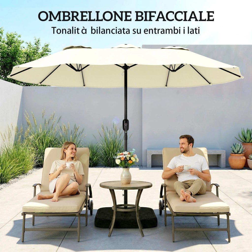 Ombrellone Doppio a 12 Stecche con Manovella e Base a Croce ¨C zephmum ¨C 3x1.5 m Beige Poliestere