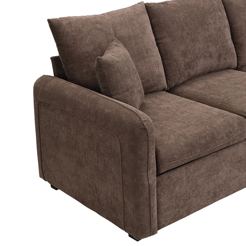 OKWISH Divano ad Angolo Modulare 3 Posti, Funzione Letto con Contenitore e 2 Pouf, Ciniglia e Schiuma, Marrone Antico