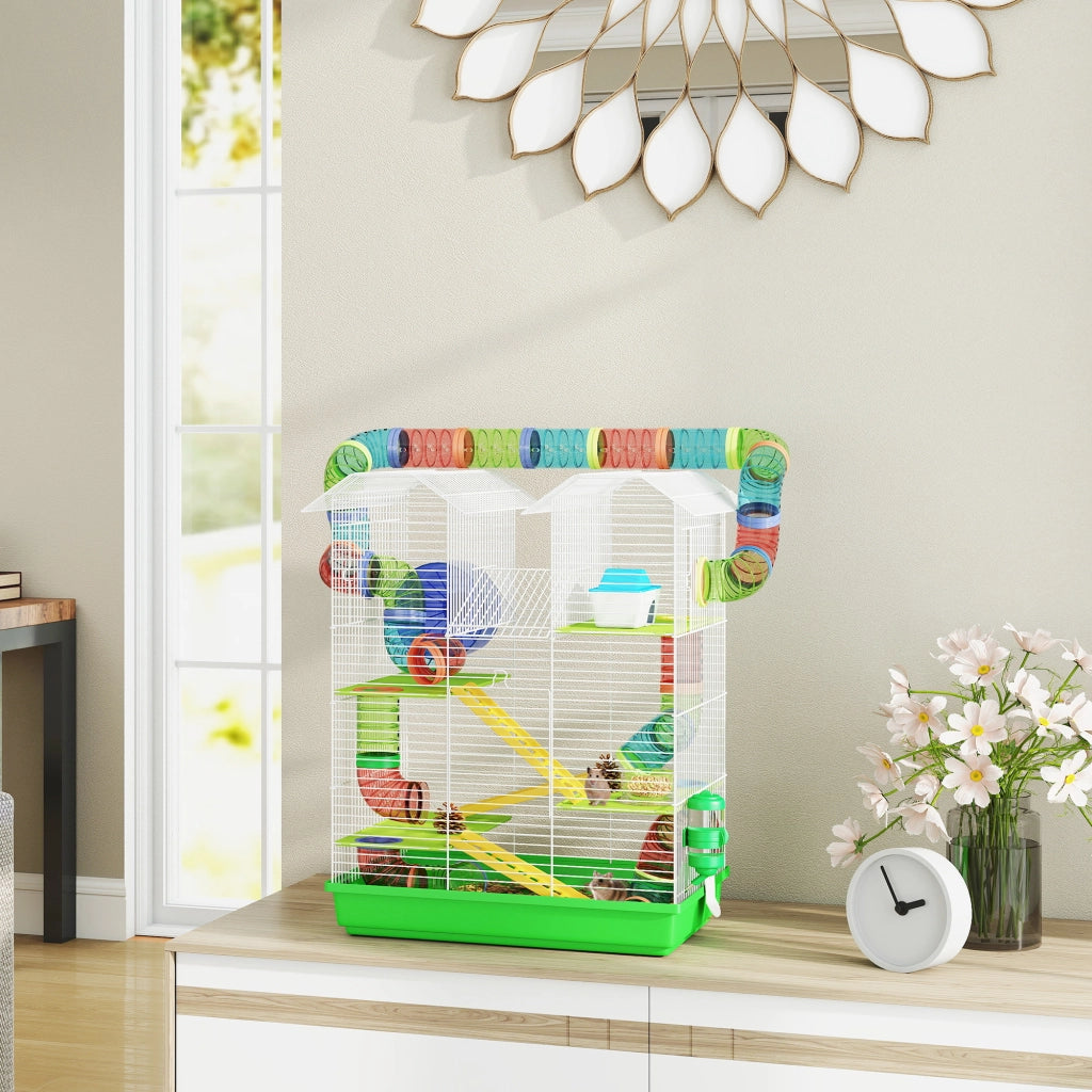 Gabbia per Criceti a 5 Piani con Tubi Colorati, Ruota, Casetta e Accessori, 47x30x59 cm, Verde