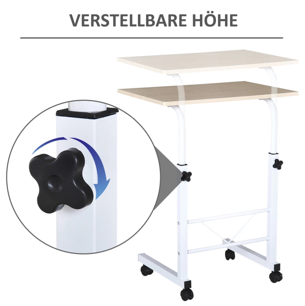 Tavolino laterale regolabile in altezza con ruote e freni, design a C