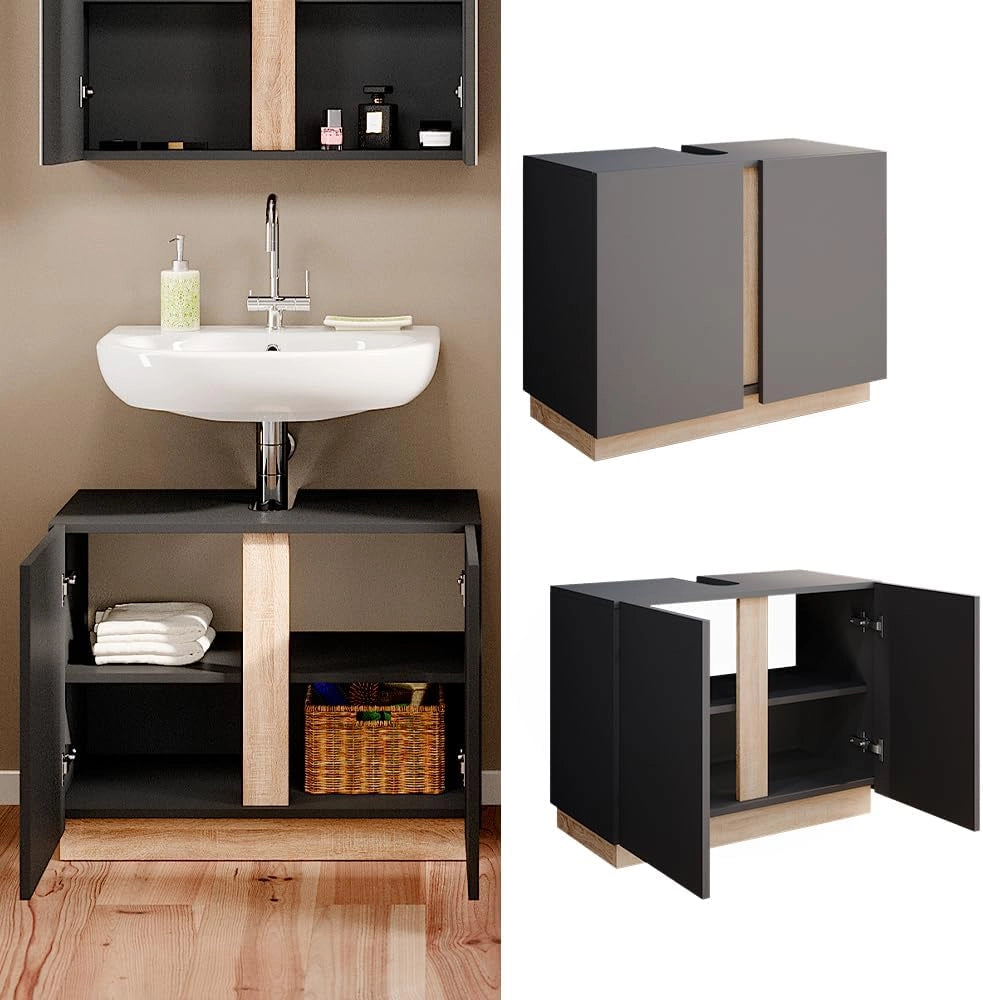 Mobile sottolavabo per bagno Gloria, Antracite, 70.4 x 55.5 cm con 2 porte, con apertura per sifone e compatibile con la serie Gloria