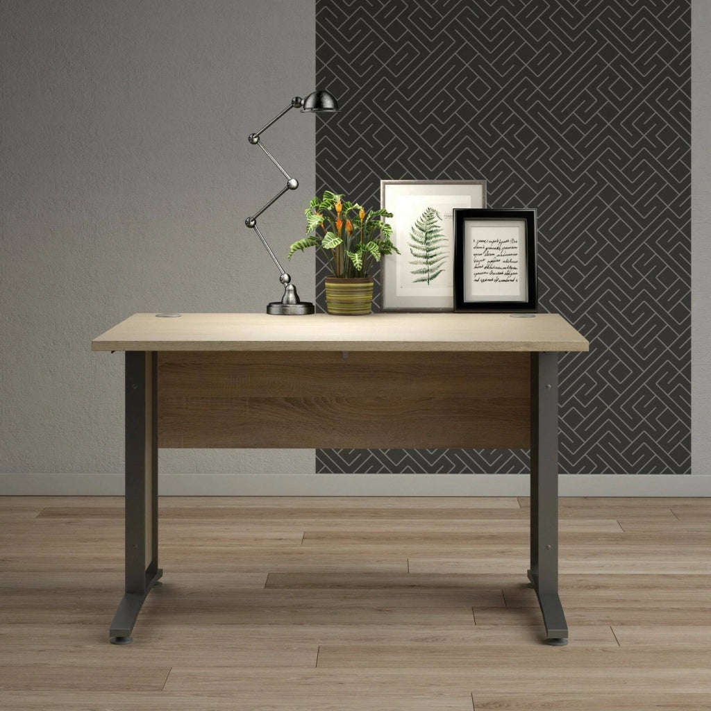Scrivania Amigos, Scrittoio multiuso, Tavolo per ufficio porta PC, Piano di lavoro, 120x80 h75 cm, Grigio e Quercia