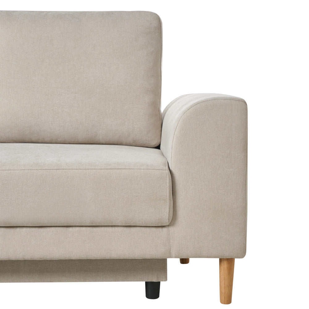 Divano letto angolare a 3 posti con braccioli contenitori rivestito in ciniglia beige chiaro lato sinistro stile moderno