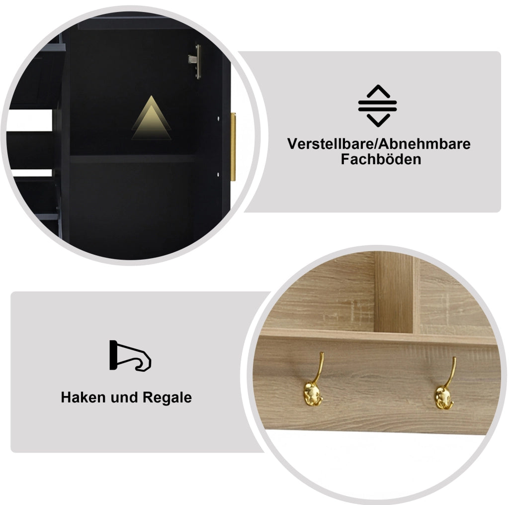 Set guardaroba da ingresso 4 pezzi nero e naturale con scarpiera, panca, specchio e appendiabiti