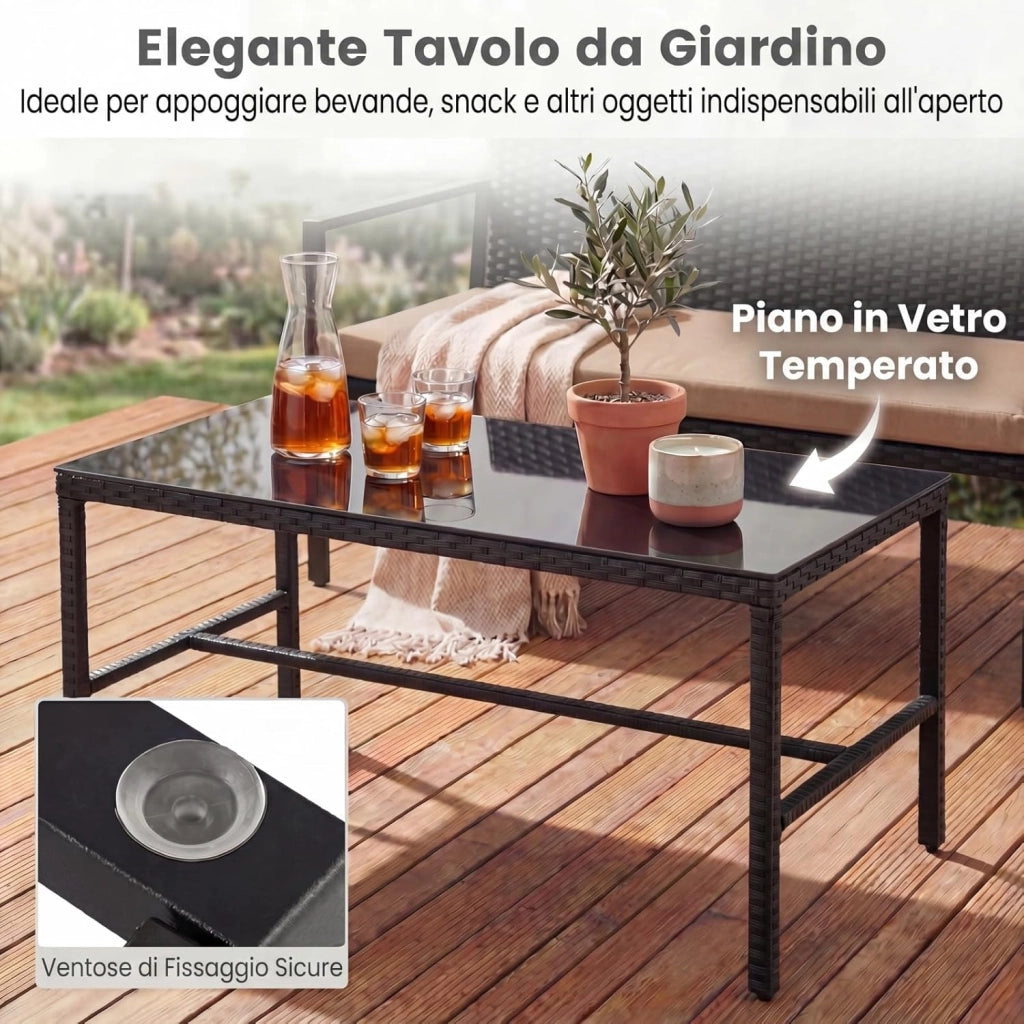Set Salotto da Giardino in Rattan 4 Pezzi, Set Mobili da Eterno con 2 Poltrone, Divano a 2 Posti, Tavolino con Piano in Vetro Temperato e Comodi Cuscini per Cortile, Bordo Piscina (Marrone)