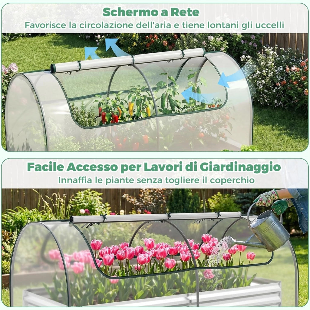 Orto Rialzato Zincato con Serra, Aiuola Senza Fondo con Copertura Trasparente, Fioriere con Finestre Avvolgibili per Giardino e Terrazzo (202 x 101 x 81 cm)