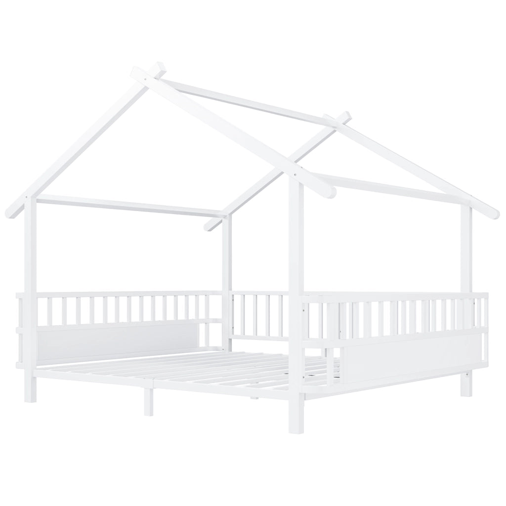Letto Casetta 140 x 200 cm - Sponde di sicurezza; Struttura a tetto; in Metallo Bianco