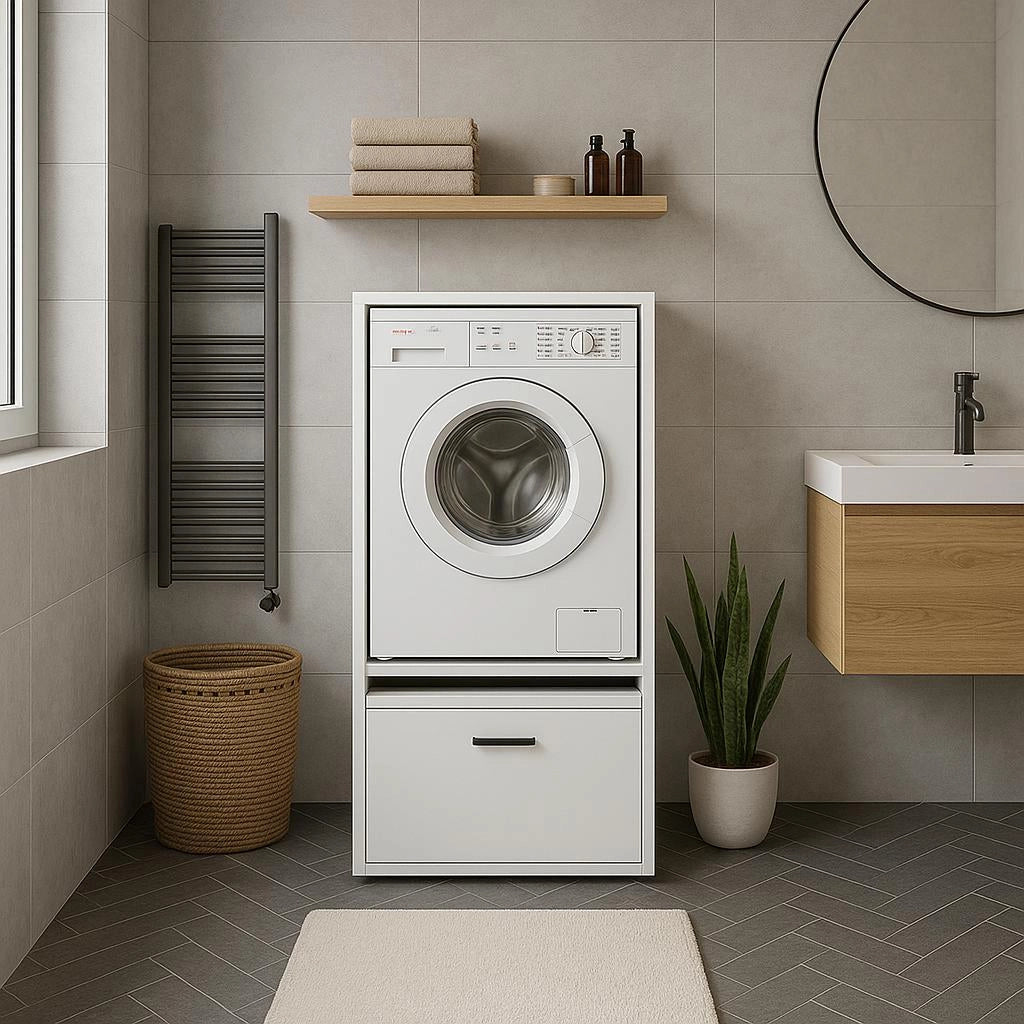 Mobile Per Lavatrice Asciugatrice Armadio Mobiletto Bagno Mobili Salvaspazio Con Cassetto E Mensola Allungabile Scaffale In Legno Armadietto Per Lavanderia Coprilavatrice 70 x 146 x 64 Cm Bianco