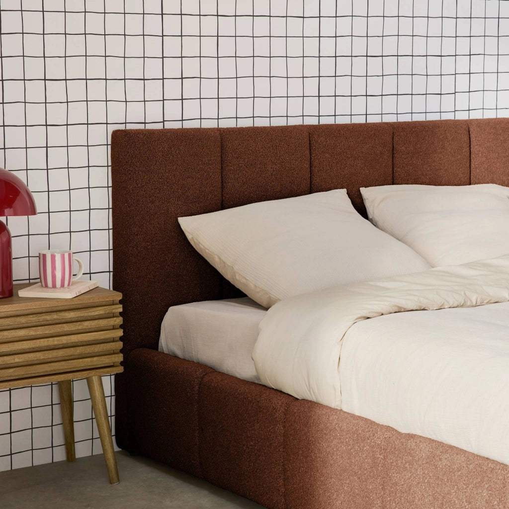 Letto contenitore con rete a doghe e testiera 160x200cm, bouclé ,