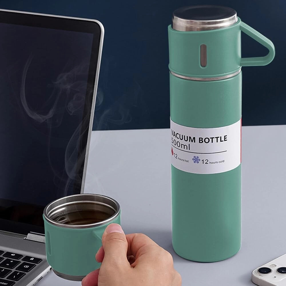 Trade Shop - Borraccia Termica 500ml In Acciaio Inox Con Tazza Manico Per Bevande Calde Fredde -