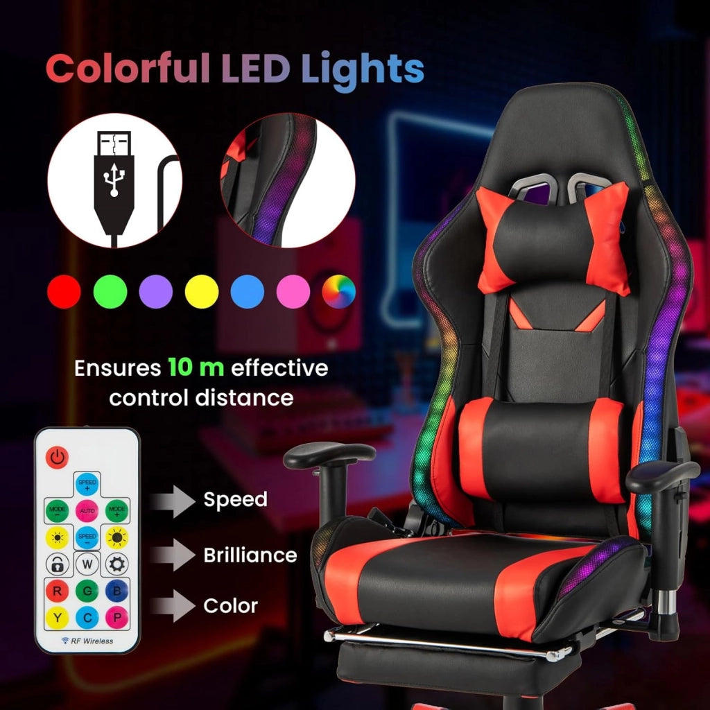 Sedia da Gioco Girevole a 360° con Schienale Reclinabile, Altezza Regolabile e Braccioli Girevoli, Luci Colorate, Poggiapiedi Retrattile, Poggiatesta e Cuscino Lombare, 3 Colori (rosso)
