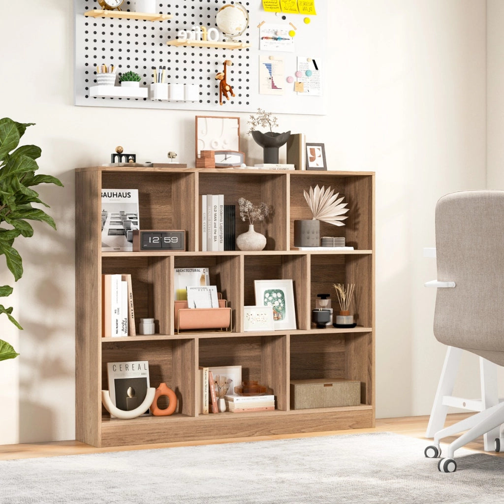 Libreria a 10 cubi con 2 kit anti-ribaltamento, Organizzatore di stoccaggio a 3 ripiani in legno alto 104cm Naturale-Librerie