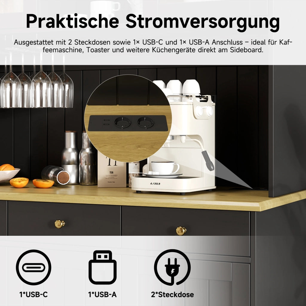 OKWISH Credenza Alta con Ante in Vetro, Cassetto, Ripiani Regolabili e Prese USB, per Cucina, MDF, 120 x 40 x 191 cm