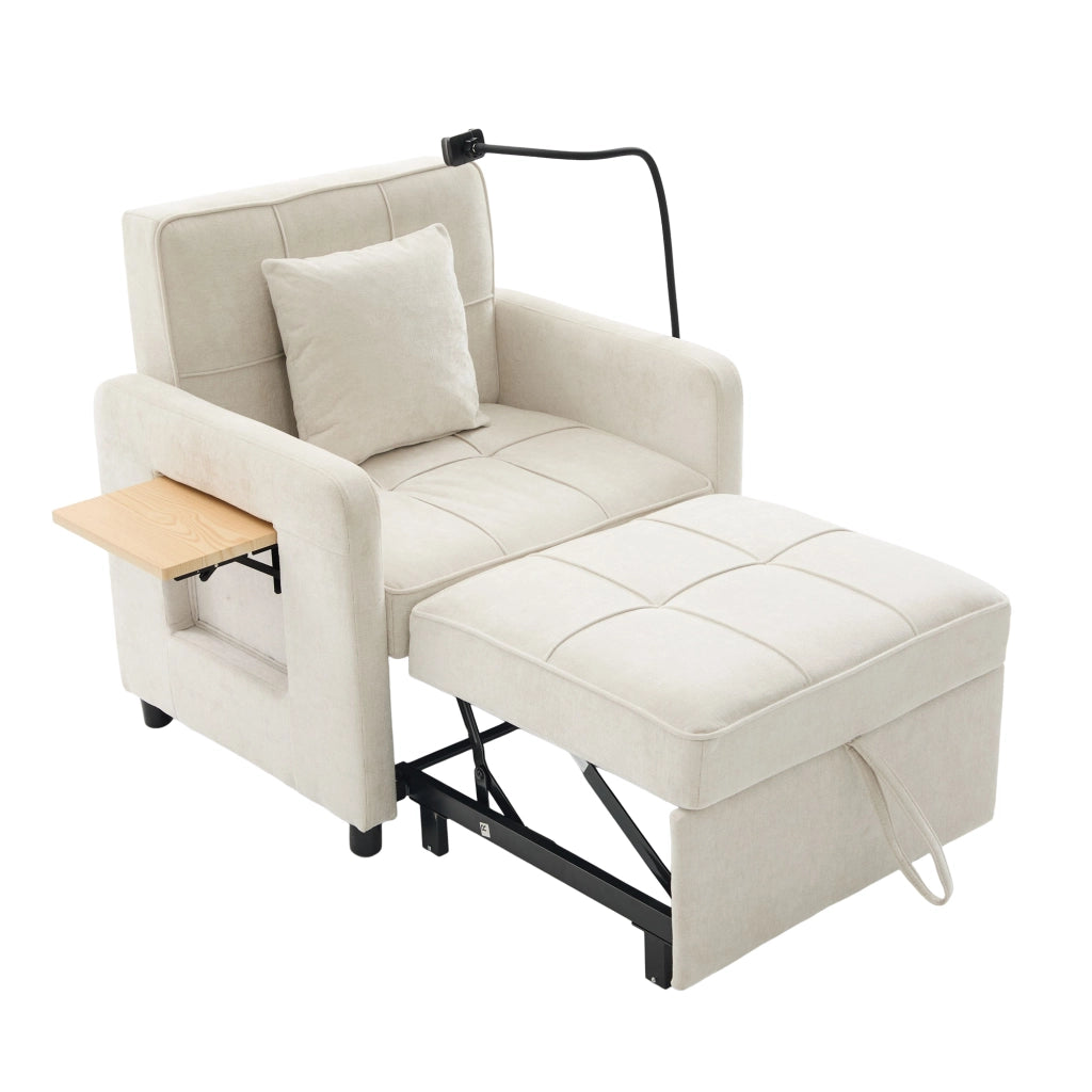 Poltrona letto convertibile con schienale regolabile e tasche laterali in chenille beige