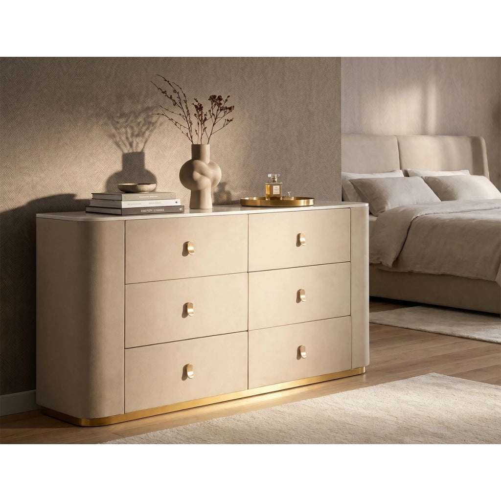 Como' Beauty 6 cassetti in legno crema e metallo dorato