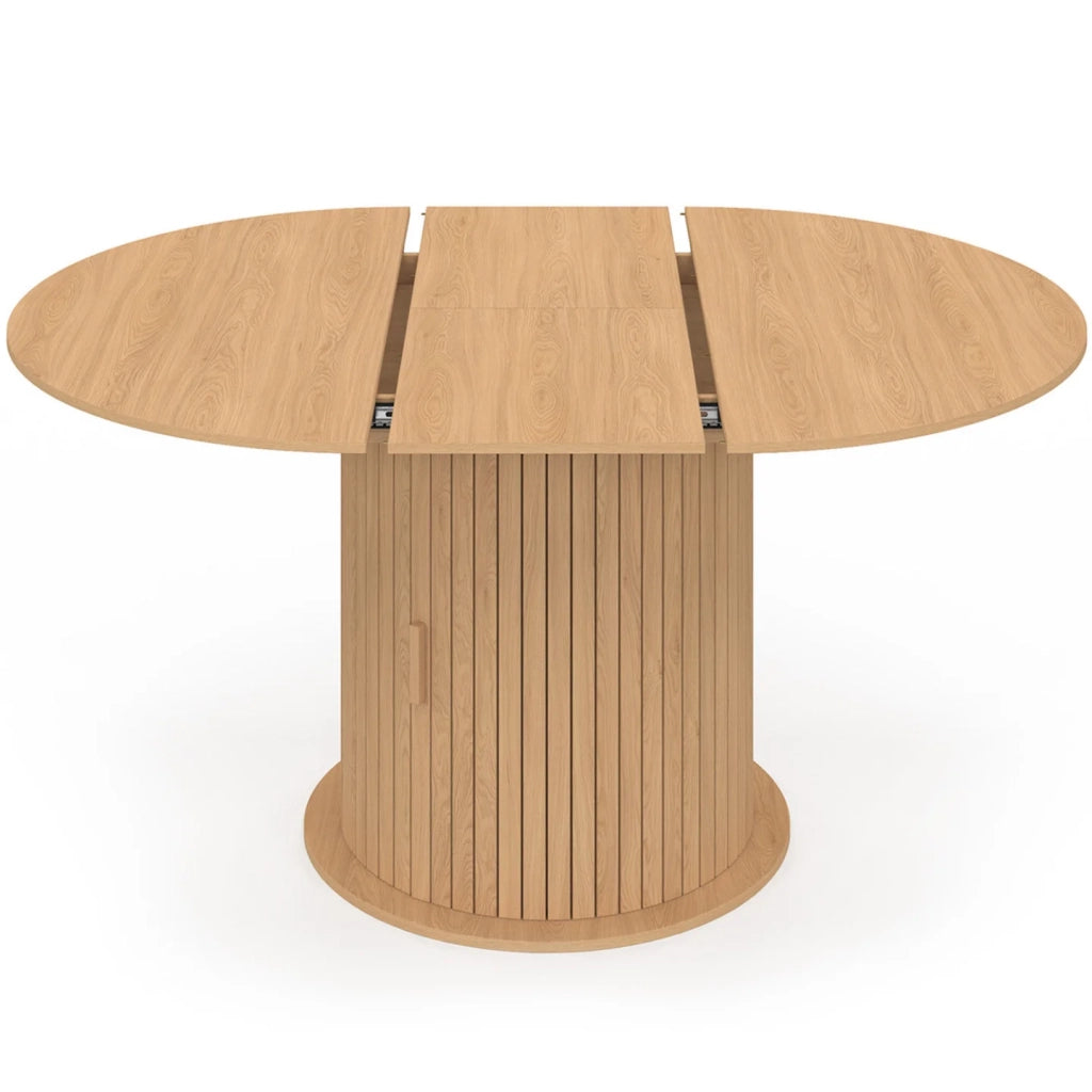 IDMarket - JULIETTE Tavolo da pranzo rotondo allungabile per 4-8 persone con gambe a doghe e contenitore 110-150 cm