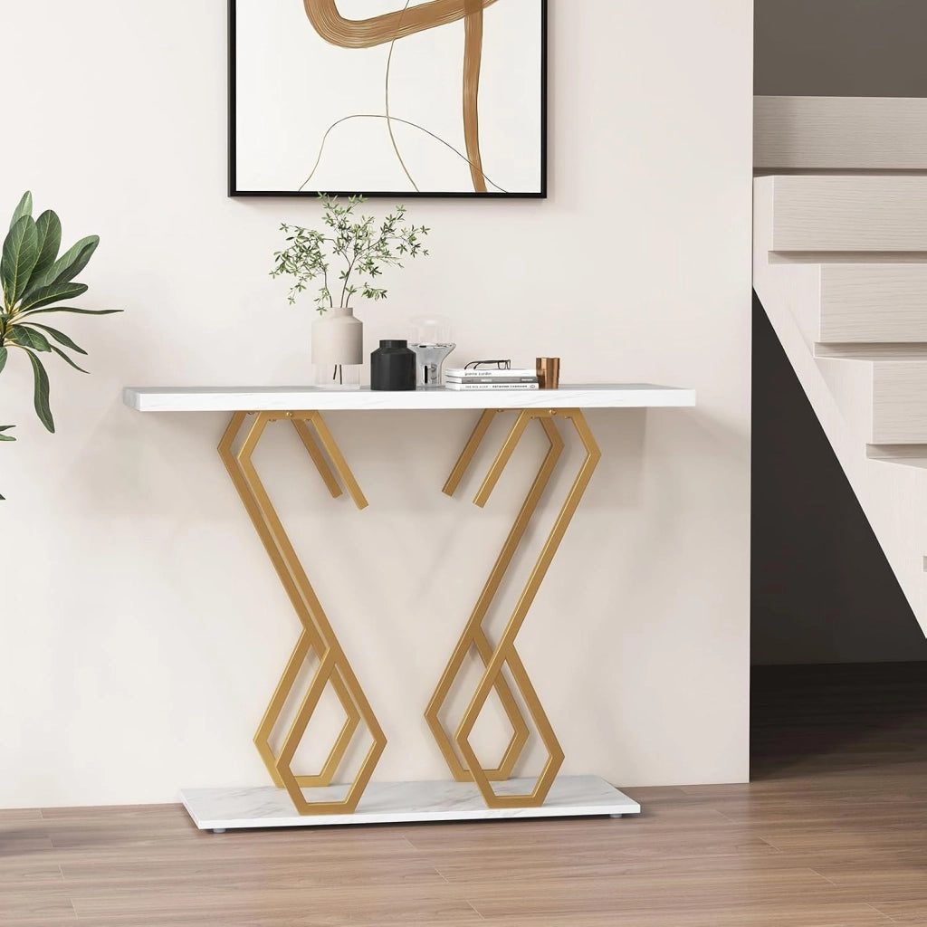 Tavolo Consolle 100cm, Tavolo d'Ingresso con Piedini Regolabili, Kit Antiribaltamento e Struttura in Metallo, Tavolino da Divano per Soggiorno, Ingresso e Corridoio (Bianco e Oro)
