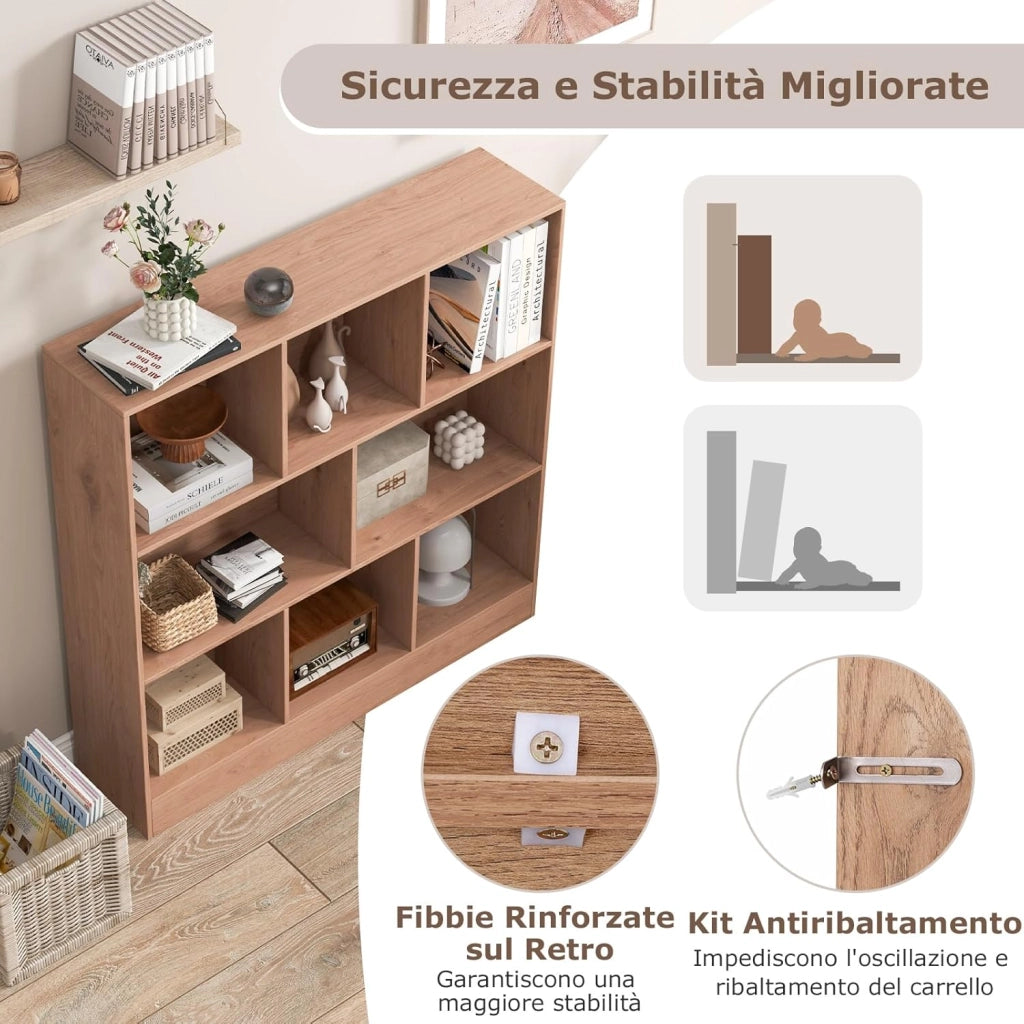 Libreria a 8 Cubi, Organizzatore di Stoccaggio a 3 Ripiani con 2 Kit Anti-Ribaltamento, Scaffale Multiuso in Legno per Soggiorno, Ufficio Stanza Bambini, 100x24x104 cm (Naturale)