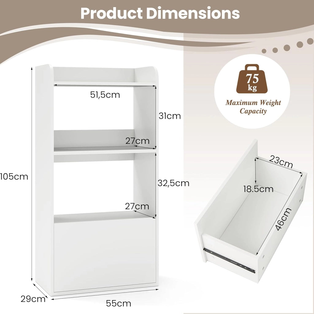 Libreria a 3 Ripiani con Cassetto, Scaffale in Legno Aperto, Armadietto da Terra per Documenti, Portaoggetti con Anti-Ribaltamento per Soggiorno, Ufficio, Cucina, 55 x 29 x 105 cm (Bianco)