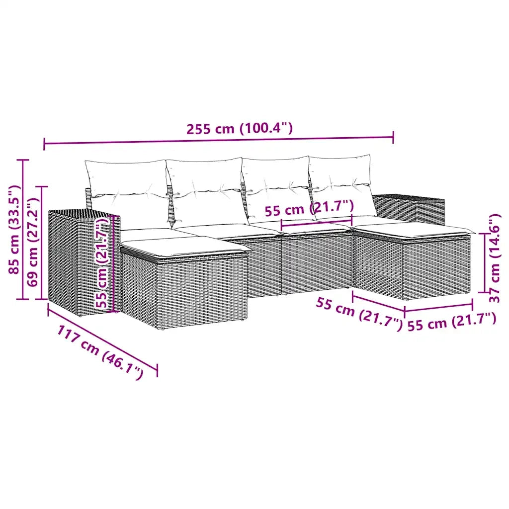 Set Divano da Giardino 6pz con Cuscini Grigio Chiaro Polyrattan