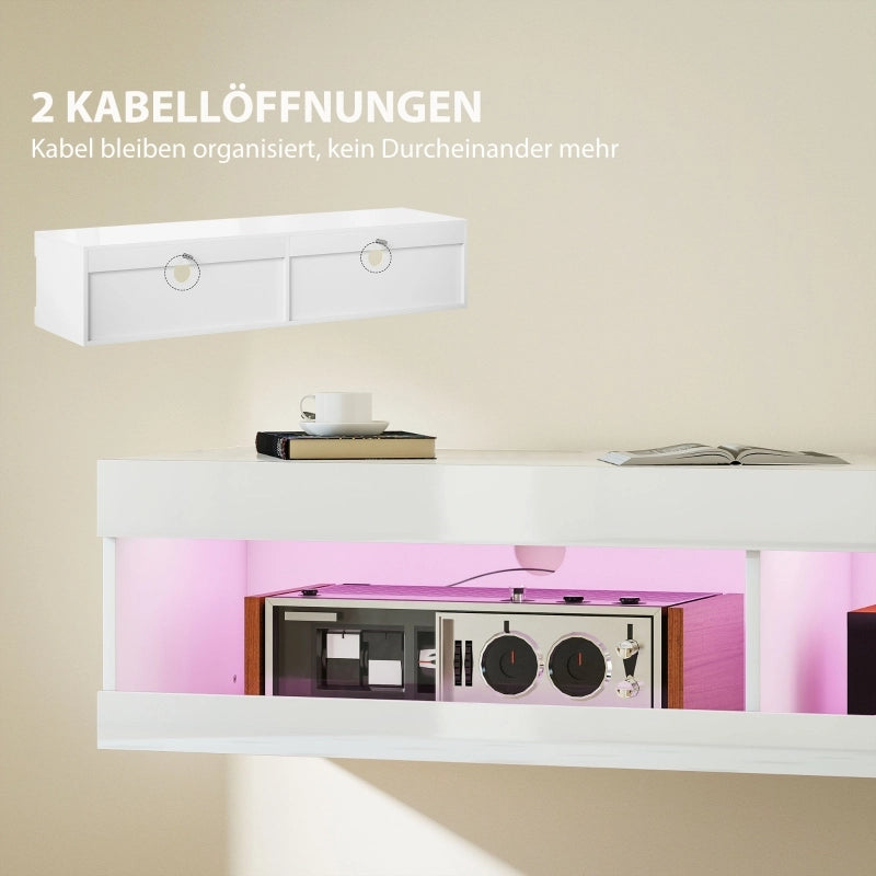 TV Lowboard sospeso con illuminazione LED RGB a 16 colori, finitura bianco lucido, 140 x 40 x 30 cm