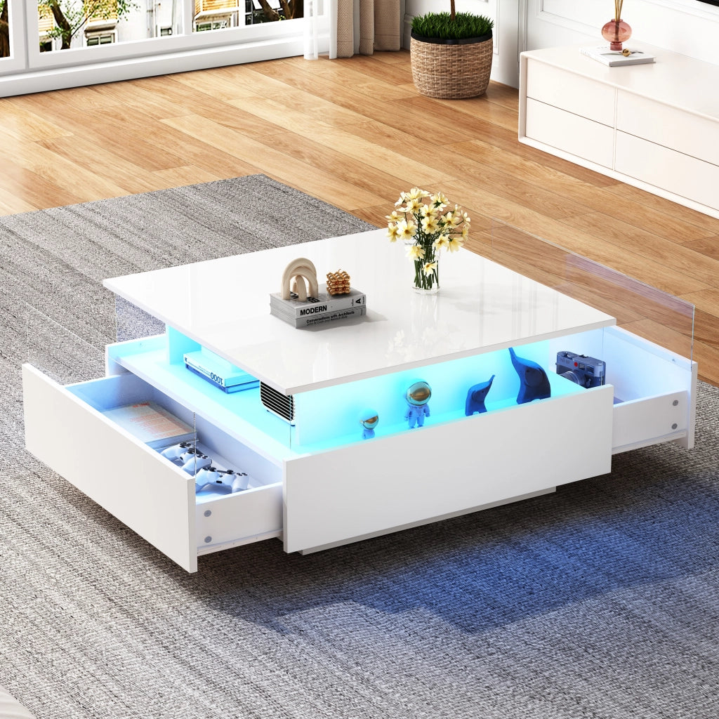 Tavolino da caffè con 2 cassetti; LED e vano trasparente - per soggiorno - in truciolare - 70x70x41 cm - bianco