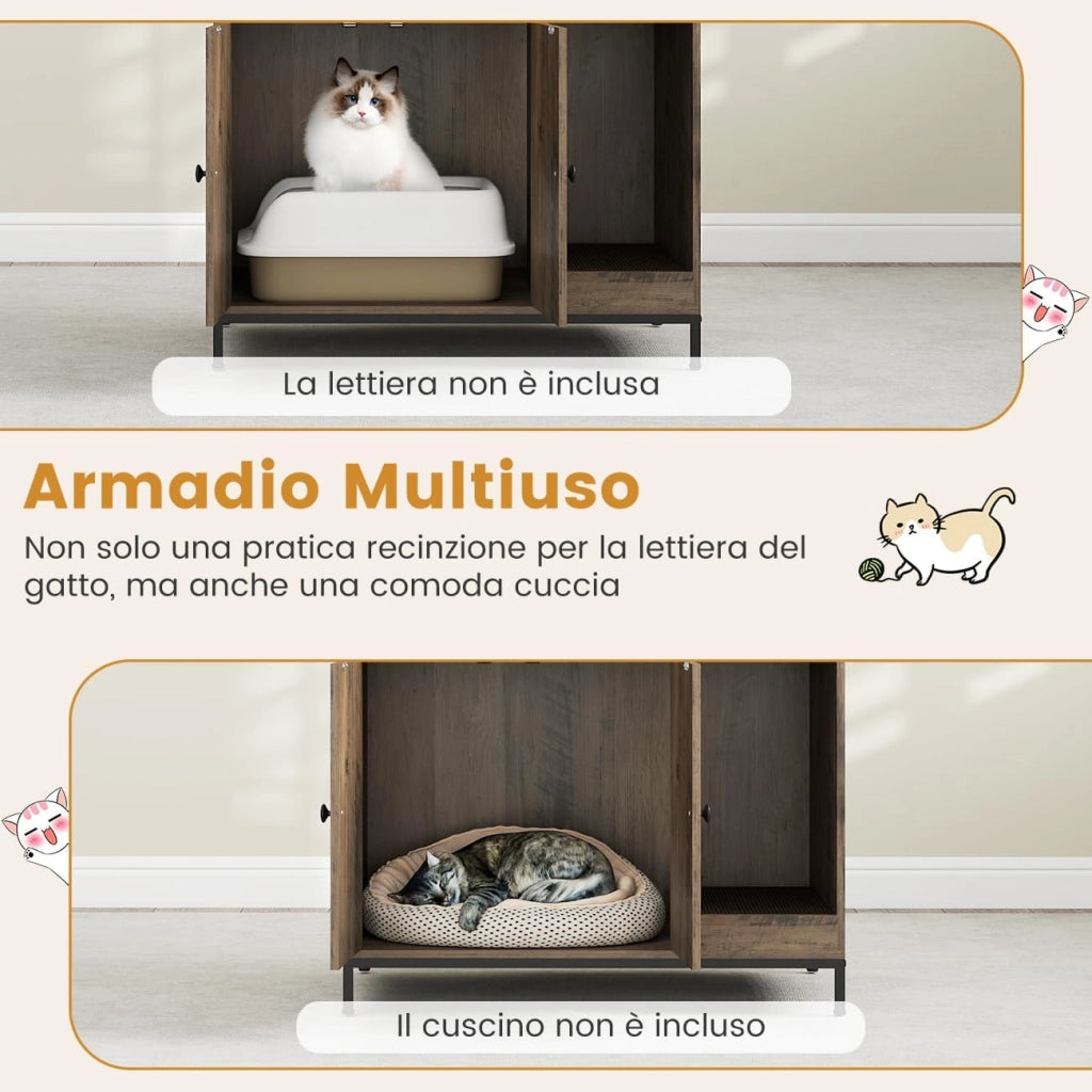 Mobile Lettiera per Gatti con Ripiani Portaoggetti, Armadietto per Gatti con Ganci, Struttura in Metallo e Tavola da Graffiare, Mobiletto per Gattini in Legno Moderna per Interni