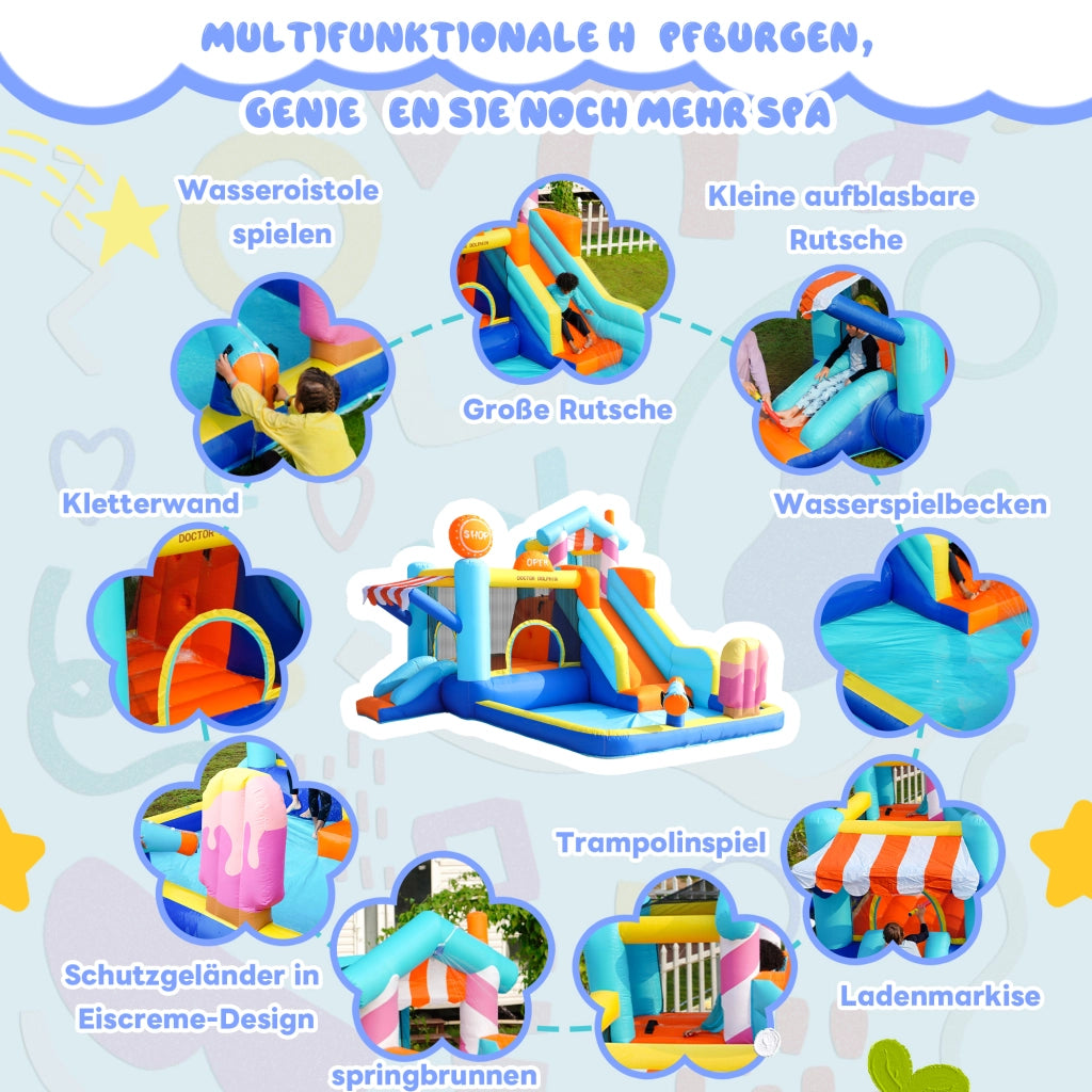 Castello gonfiabile con doppio scivolo area giochi d'acqua trampolino in tessuto oxford blu per bambini con motore 450 W