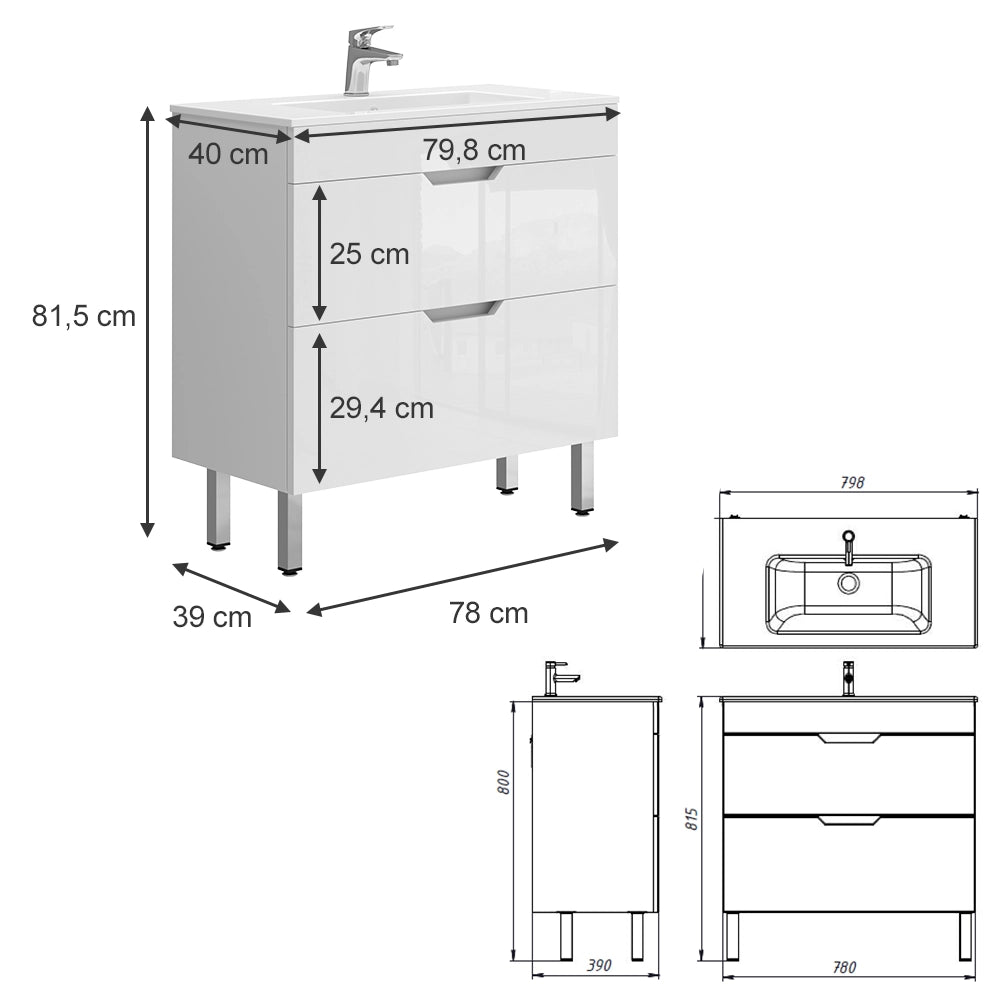 Vicco Set di mobili da bagno Bianco 2 parti, mobile base 80 cm