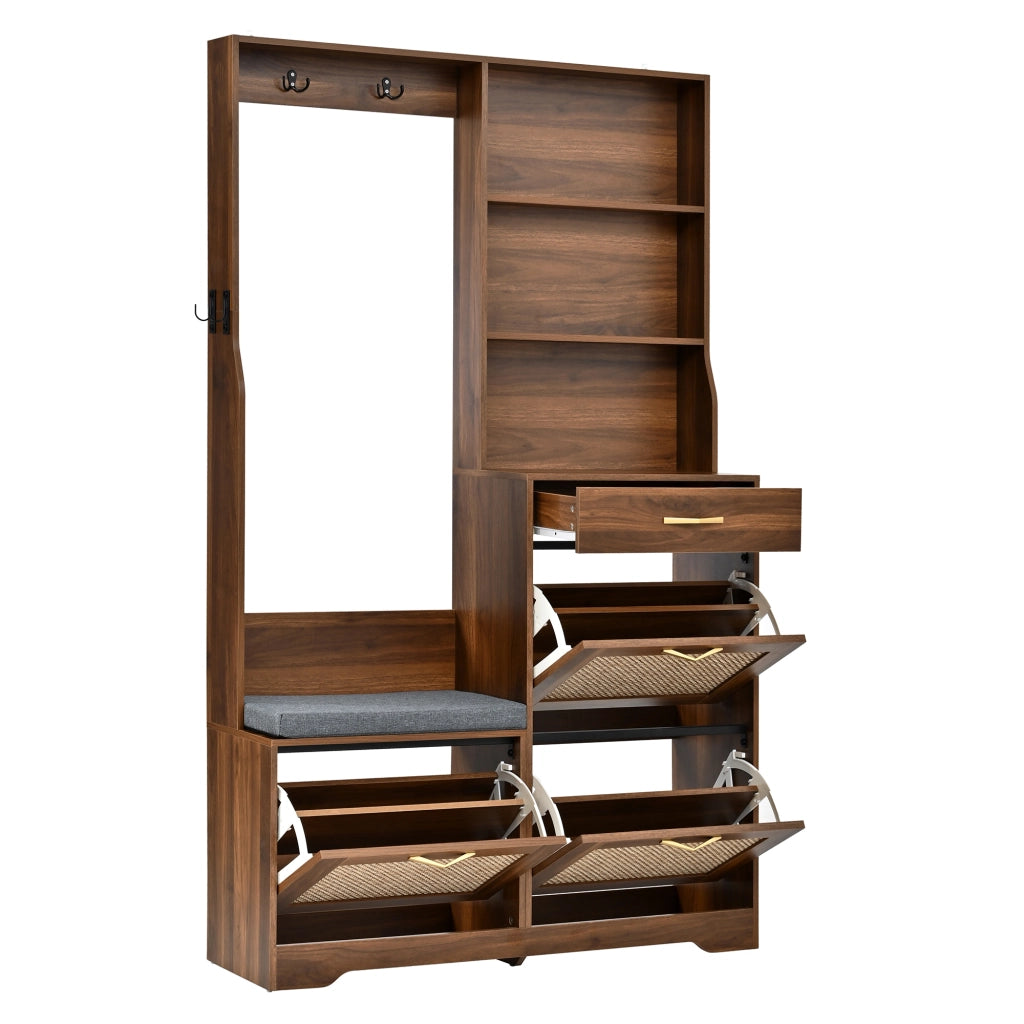 Mobili da ingresso con panca; 3 ribalte porta scarpe; cassetto; ganci e ripiani; in MDF; colore noce