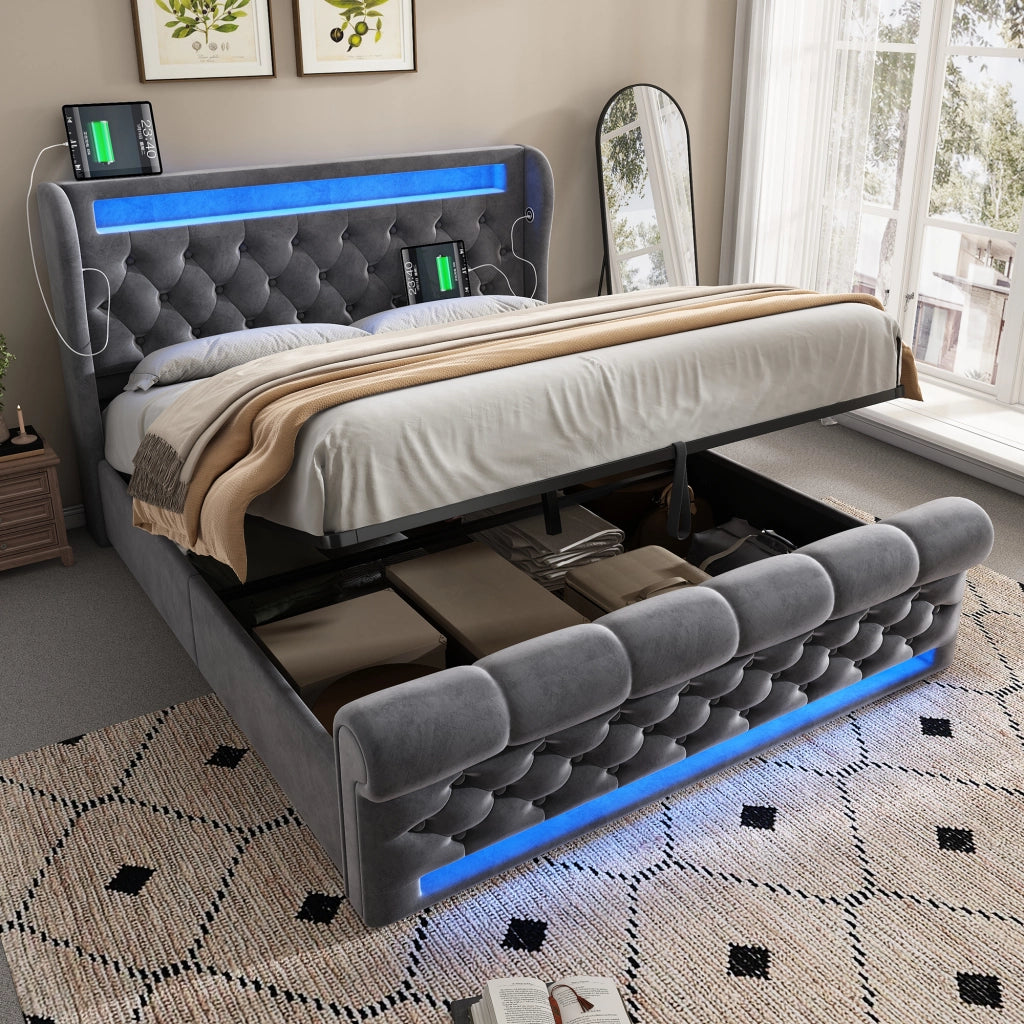 Letti contenitori 140x190 cm; LED integrato; ricarica USB e Type C; velluto; grigio (Senza materasso)