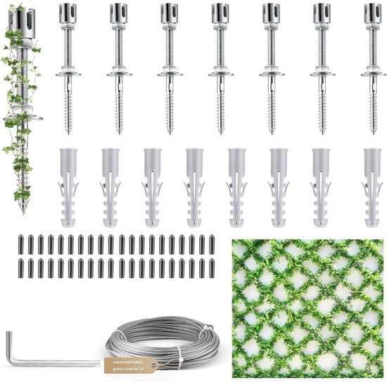 Kit di sosteggi per piante in acciaio inossidabile con supporti per parete e corda - Set completo di 12 supporti e 16 m di corda 3 mm