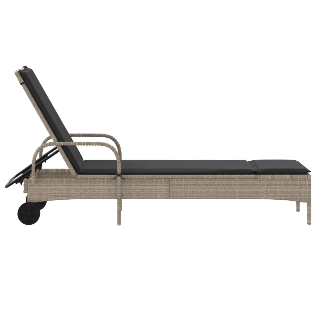 Lettino Prendisole con Ruote e Cuscino Polyrattan Grigio Chiaro 368313