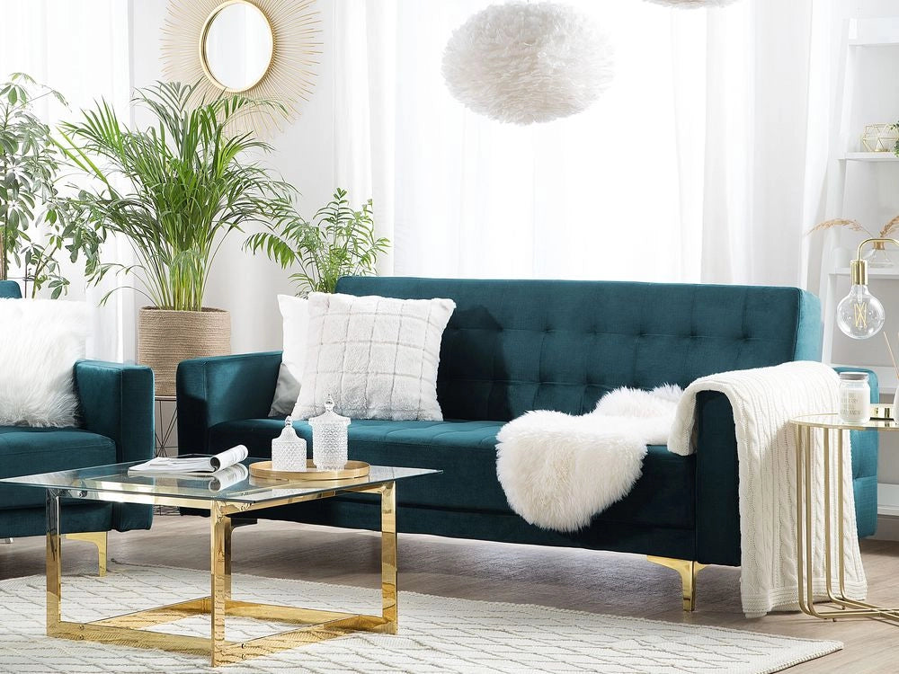 Divano Letto Verde Acqua Velluto Trapuntato Tessuto Moderno Soggiorno Modulare 3 Posti Gambe dorato Bracci Pista