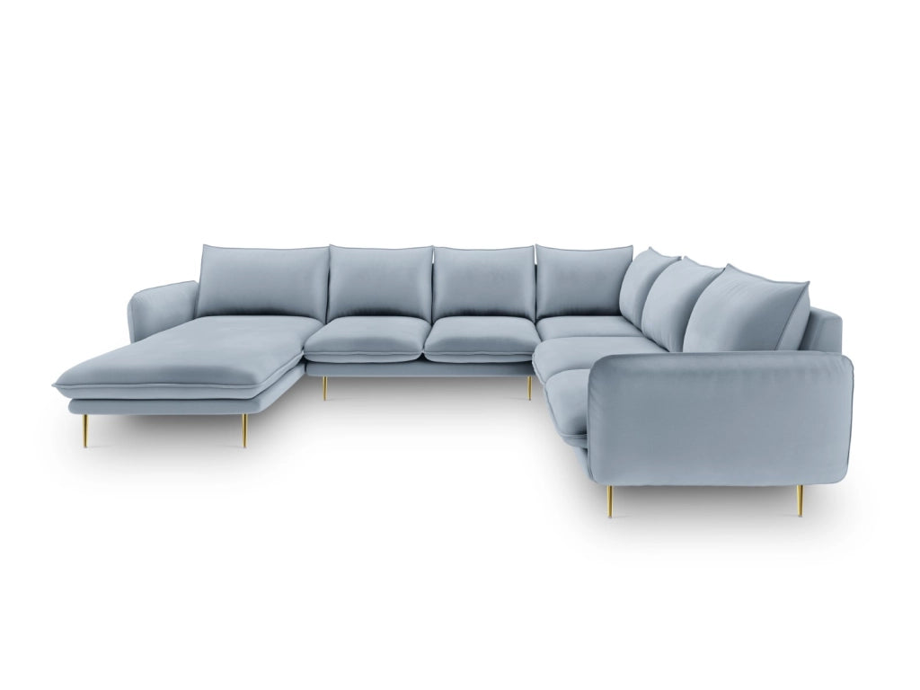 Cosmopolitan Design - Divano panoramico destro "Vienna" 7 posti in velluto azzurro 
